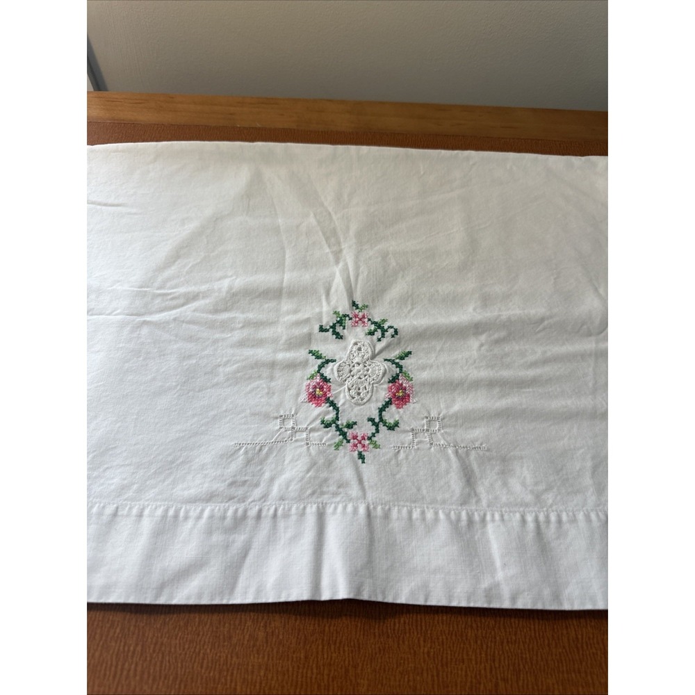 Vtg Hand Stitched Linen Pillowcase Pink Flowers